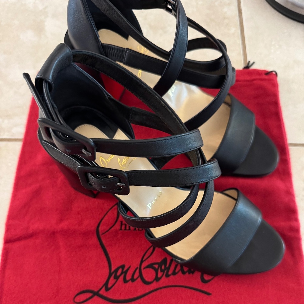 Christian Louboutin Strappy Sandals Matte Black and Chunky Heel